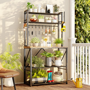 5-Tier Kitchen Baker's Rack with Storage, S-Hooks & Paper Towel Holder – Rustic Brown