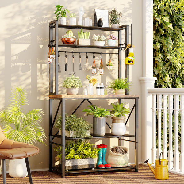 5-Tier Kitchen Baker's Rack with Storage, S-Hooks & Paper Towel Holder – Rustic Brown