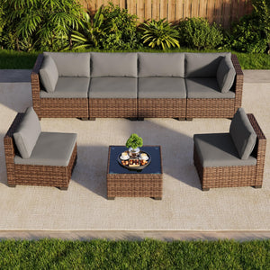 7-Piece Outdoor Sectional Sofa Set with Cushions & Glass Coffee Table