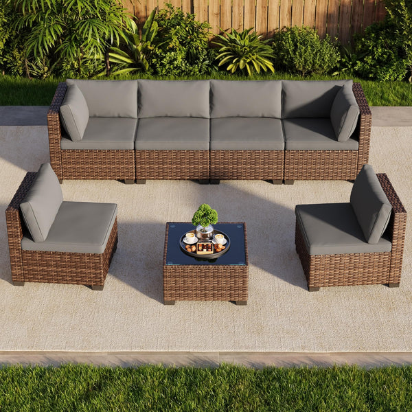 7-Piece Outdoor Sectional Sofa Set with Cushions & Glass Coffee Table