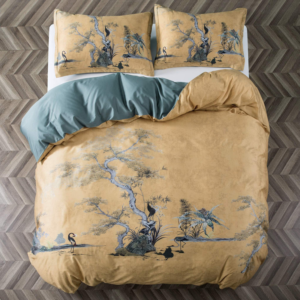 Chinoiserie Chic Duvet Cover Set — Botanical Print, 400TC Cotton Sateen (Ocher Shade, Queen)