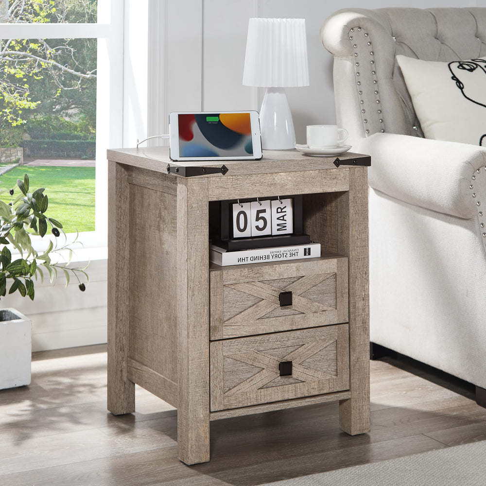 Farmhouse Nightstand with Charging Station, 2 Drawers & Open Shelf