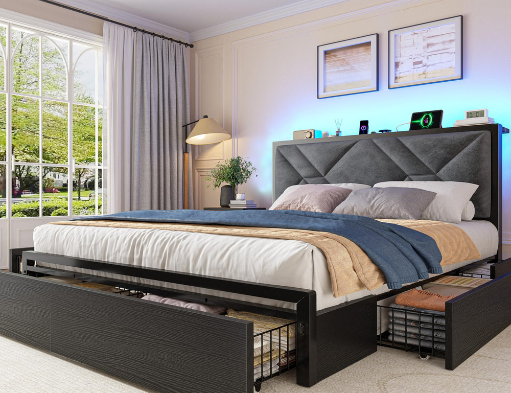 Queen Bed Frame with Storage Drawers, LED Lights & Charging Station