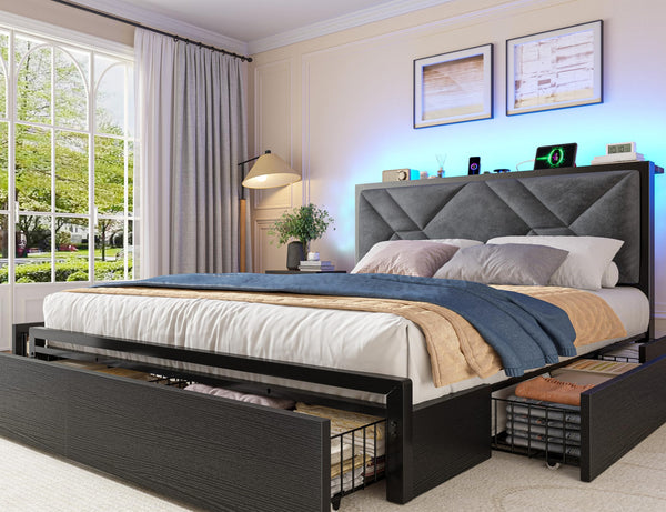 Queen Bed Frame with Storage Drawers, LED Lights & Charging Station