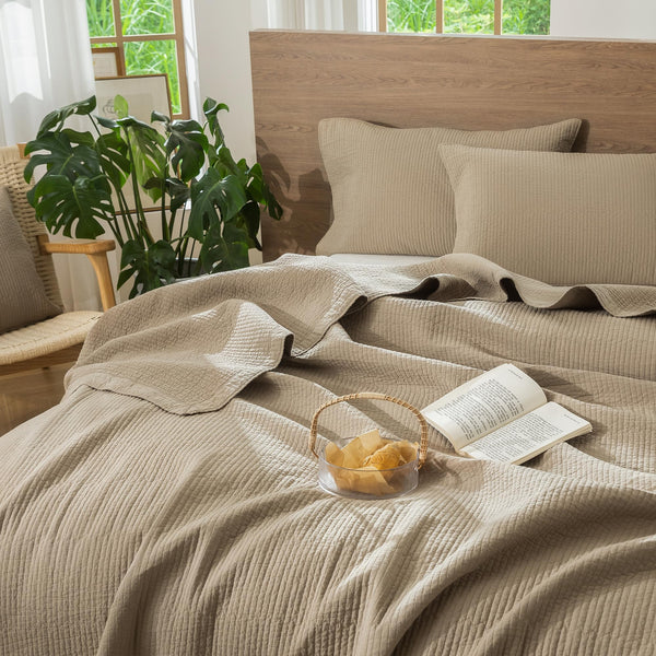 Washed Cotton Stripe Stitch Quilt Set with Pillow Shams