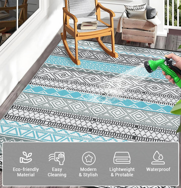 Outdoor Waterproof Reversible Patio Rug 10x14 – Polypropylene, Bohemian Blue/Grey