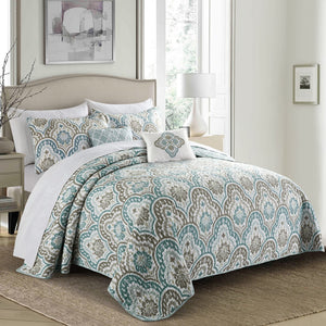 Teal Aqua Floral Quilted Coverlet Bedspread Set with Shams & Pillows