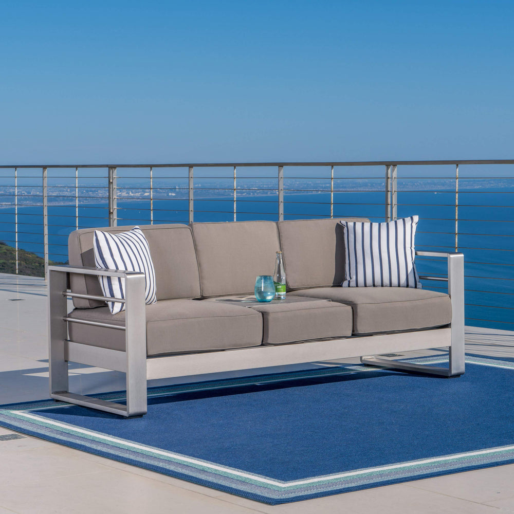 Outdoor Loveseat Sofa with Tray – Anodized Aluminum, Grey