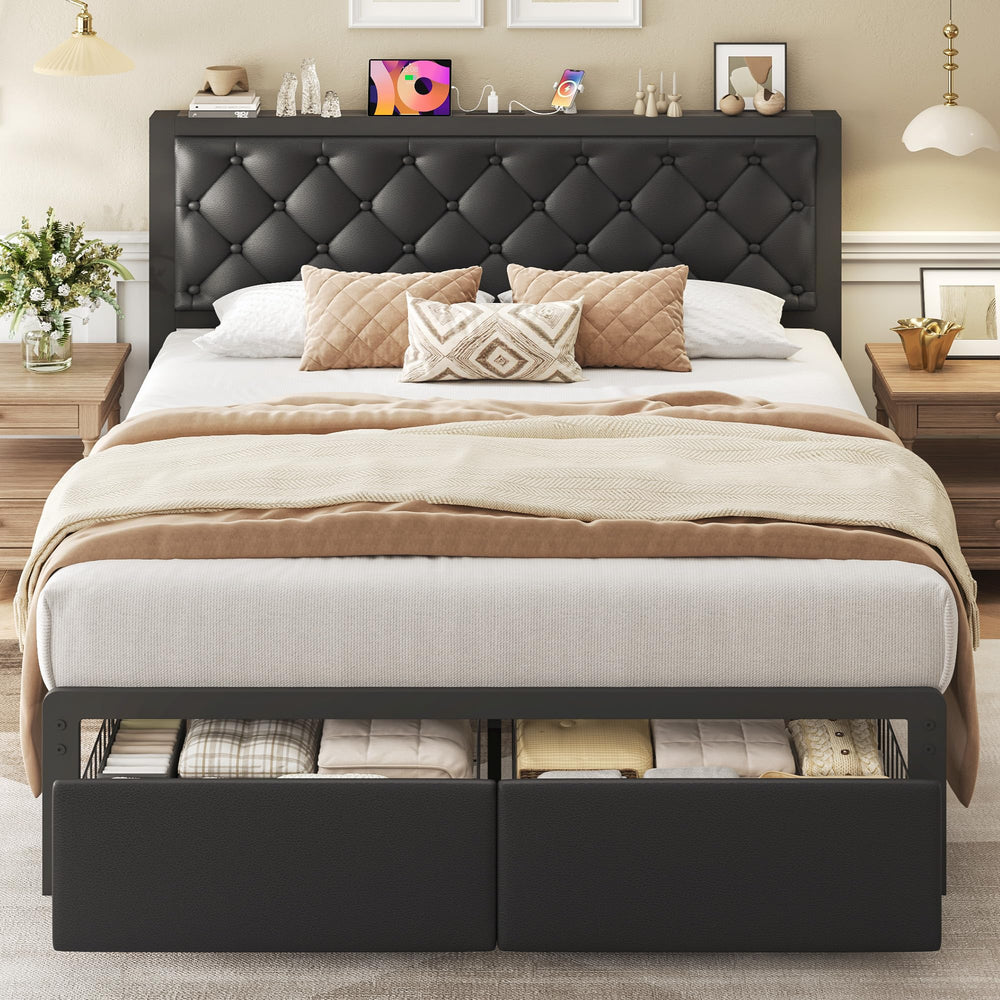 Metal Bed Frame with Storage Drawers & Charging Station