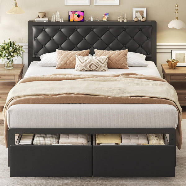 Metal Bed Frame with Storage Drawers & Charging Station