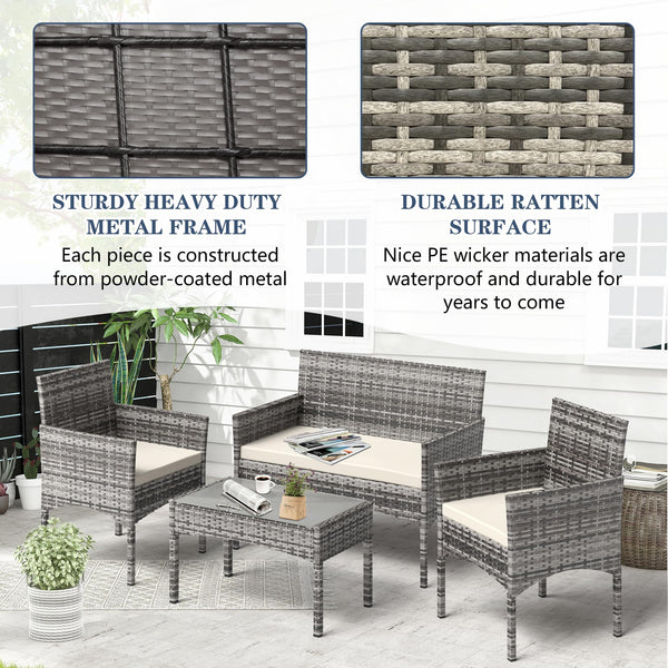 4-Piece Outdoor Wicker Patio Conversation Set with Cushions & Table