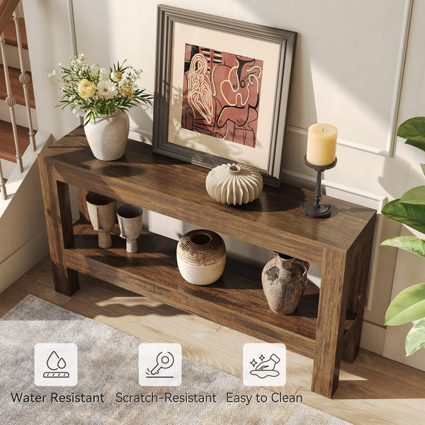 63-Inch Farmhouse Console Table with 2-Tier Shelves
