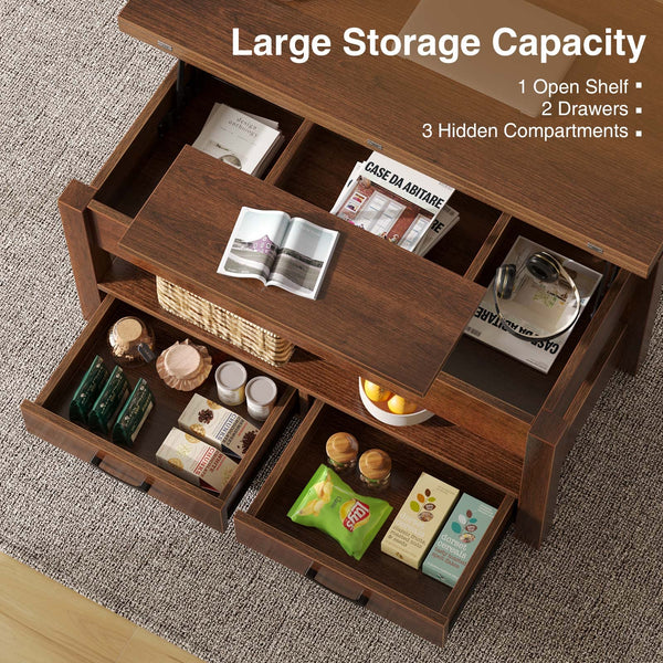 Split Lift-Top Coffee Table with Drawers & Hidden Storage