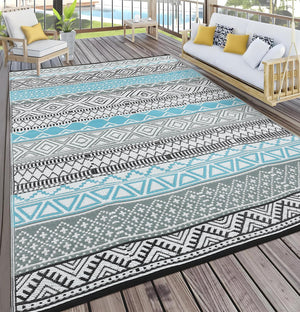 Outdoor Waterproof Reversible Patio Rug 10x14 – Polypropylene, Bohemian Blue/Grey