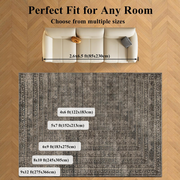 Washable Area Rug – Faux Wool Vintage Print, Non-Slip, Multi-Size