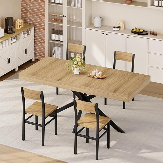 Extendable Dining Table Set with 4 Chairs — 55" to 70.9", MDF & Metal, Mid-Century Modern