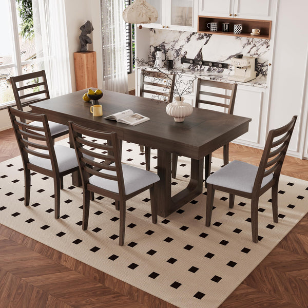 7-Piece Extendable Farmhouse Dining Table Set with 6 Upholstered Chairs