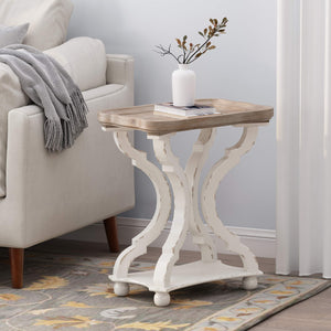 French Country Accent End Table – Hourglass Base, Distressed White & Natural