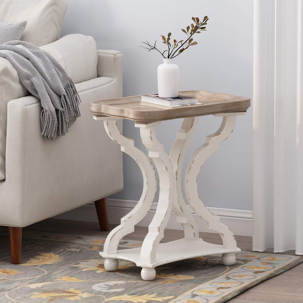 French Country Accent End Table – Hourglass Base, Distressed White & Natural