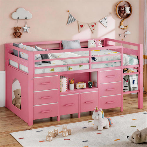 Twin Low Loft Bed with 8 Storage Drawers & Bookcase