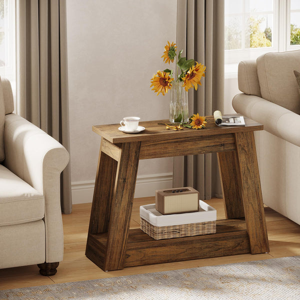 2-Tier Wood End Table with Storage Shelves