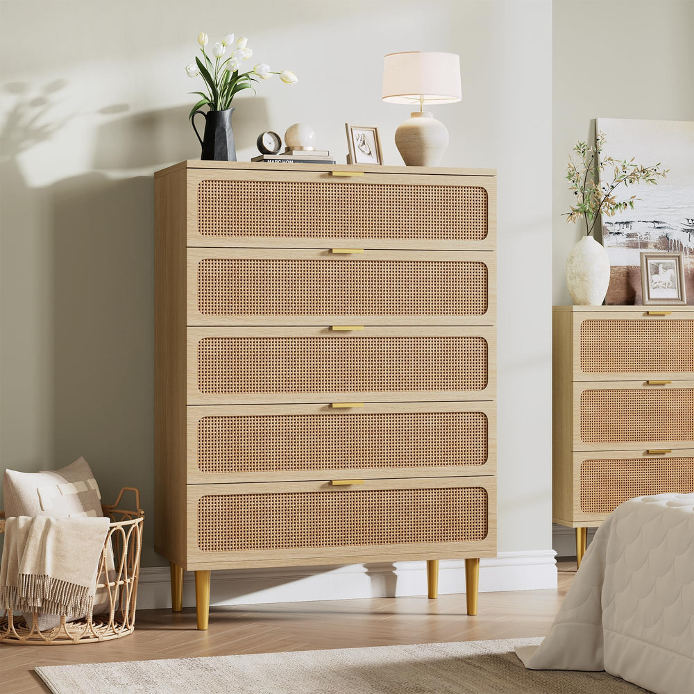 5-Drawer Rattan Dresser with Wide Top