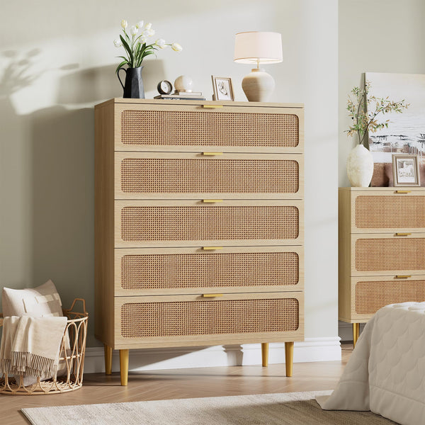 5-Drawer Rattan Dresser with Wide Top