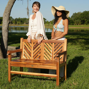 Teak Wood Outdoor Bench with Chevron Backrest