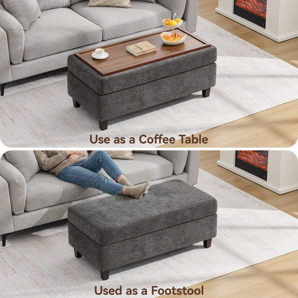 45-Inch Storage Ottoman Bench with Flip-Top Wooden Tray