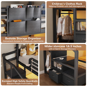 Twin Over Twin Metal Bunk Bed with Storage Staircase & LED Lighting