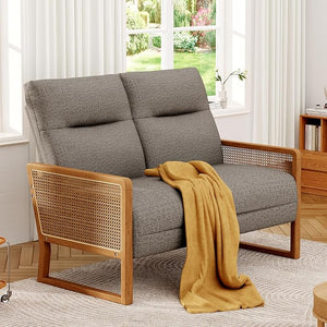 Linen Loveseat with Natural Rattan Arms & Oak Legs
