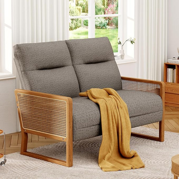 Linen Loveseat with Natural Rattan Arms & Oak Legs