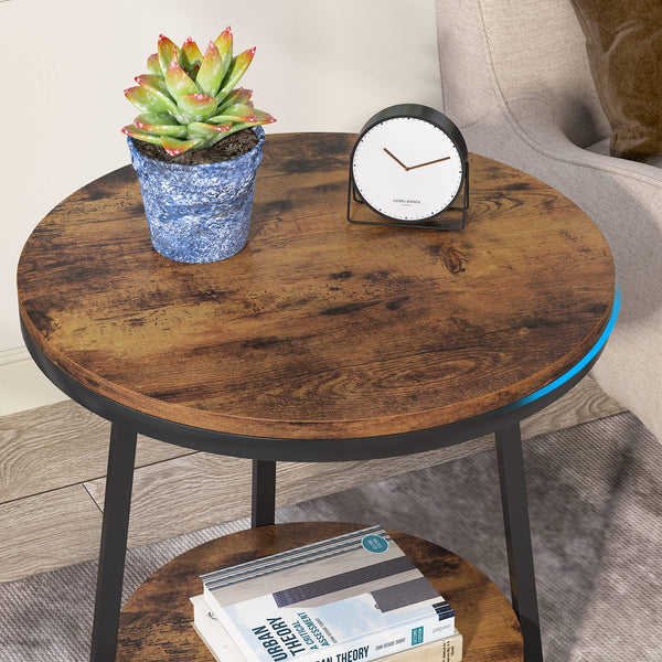 2-Tier Round Industrial End Table with Storage Shelf