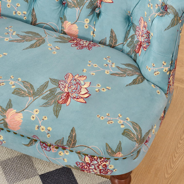Victorian Armless Loveseat with Tufted Back & Solid Wood Legs – Floral Blue