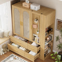 3-Door Rattan Armoire Wardrobe with LED Mirror & Drawers