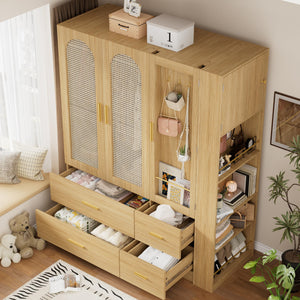 3-Door Rattan Armoire Wardrobe with LED Mirror & Drawers