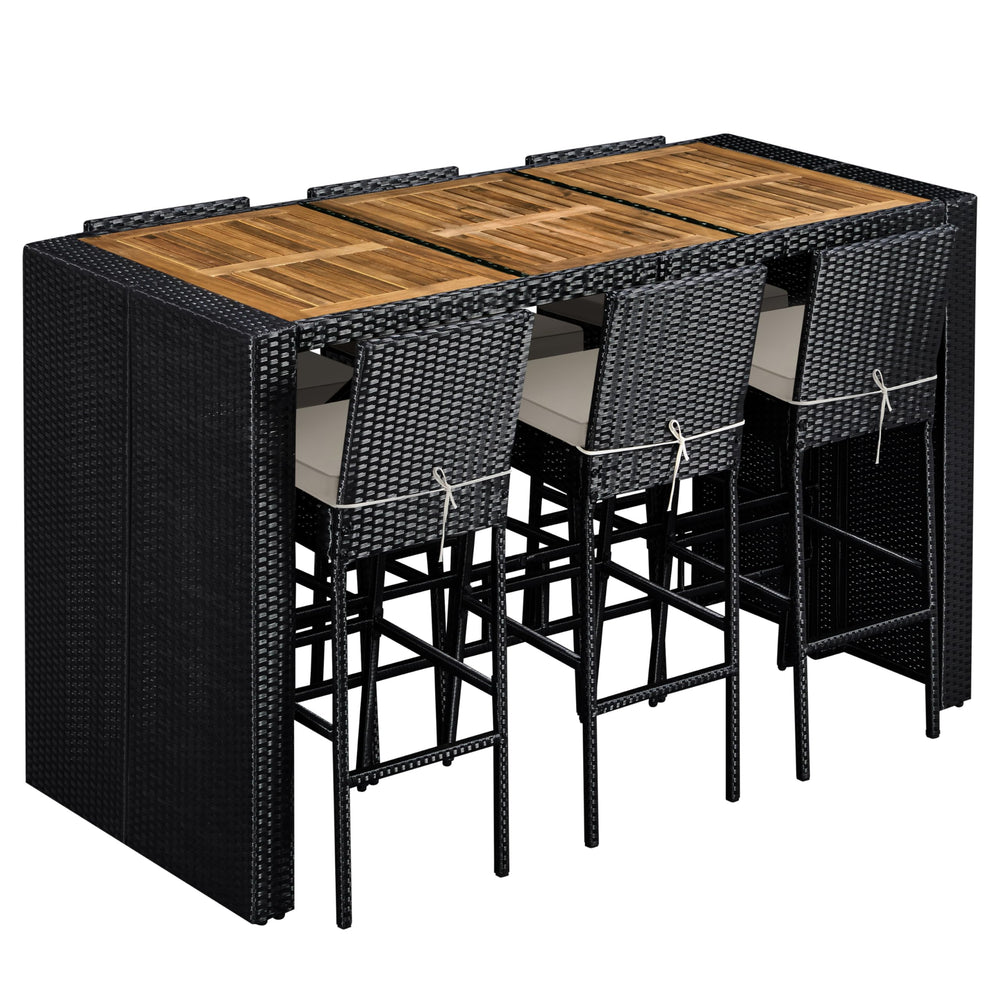 7-Piece Outdoor Wicker Bar Set with Acacia Wood Tabletop