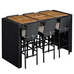 7-Piece Outdoor Wicker Bar Set with Acacia Wood Tabletop