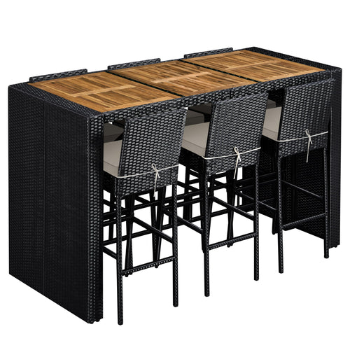 7-Piece Outdoor Wicker Bar Set with Acacia Wood Tabletop