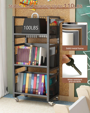 3-Tier Double-Sided Rolling Book Cart with Magnetic Supports