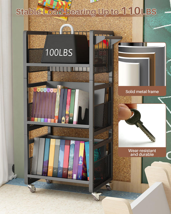 3-Tier Double-Sided Rolling Book Cart with Magnetic Supports