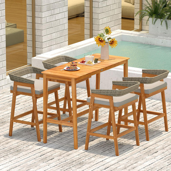 Acacia Wood Outdoor Bar Table with Slatted Top & Adjustable Feet