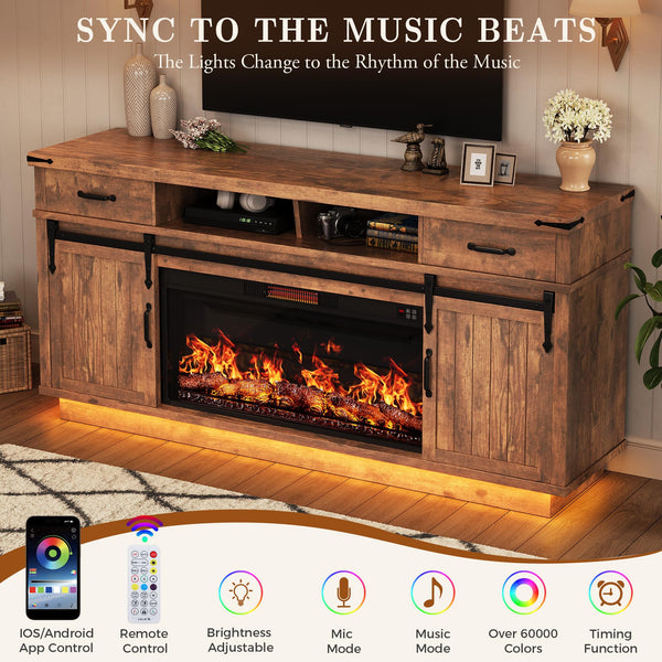 Fireplace TV Stand with Electric Fireplace, LED Light & Sliding Barn Door – Fits TVs up to 65"