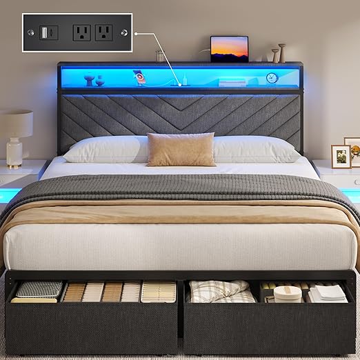 Upholstered Bed Frame with Storage Drawers, LED Lights & Charging Station