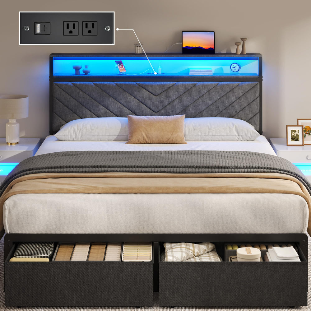 Queen Bed Frame with Storage Drawers, LED Lights & Charging Station