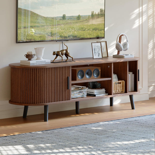 Mid-Century Modern TV Stand with Fluted Sliding Doors