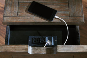 Rustic Chair Side End Table with Pull-Out Tray & USB Ports