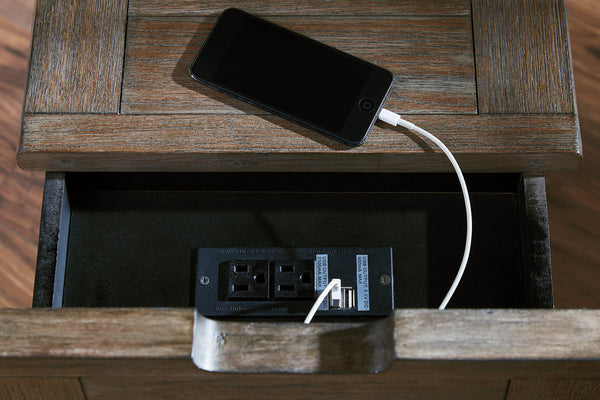 Rustic Chair Side End Table with Pull-Out Tray & USB Ports