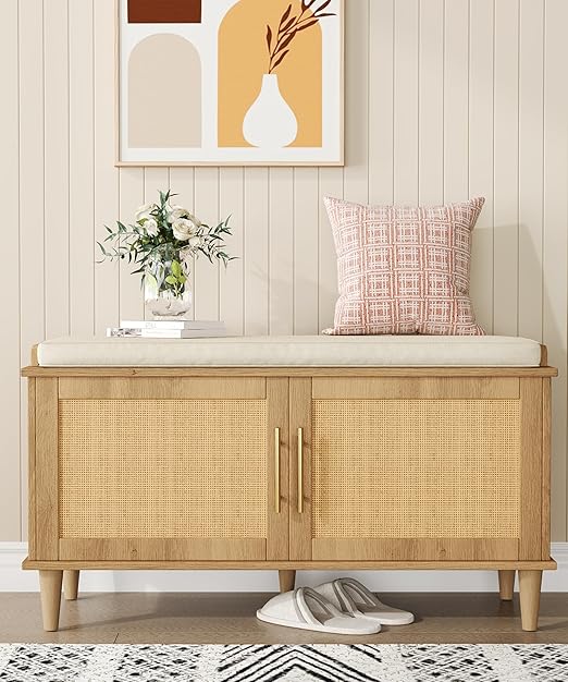 Rattan Shoe Storage Bench with Cushion & Adjustable Shelves