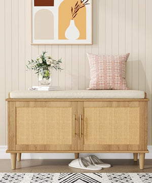 Rattan Shoe Storage Bench with Cushion